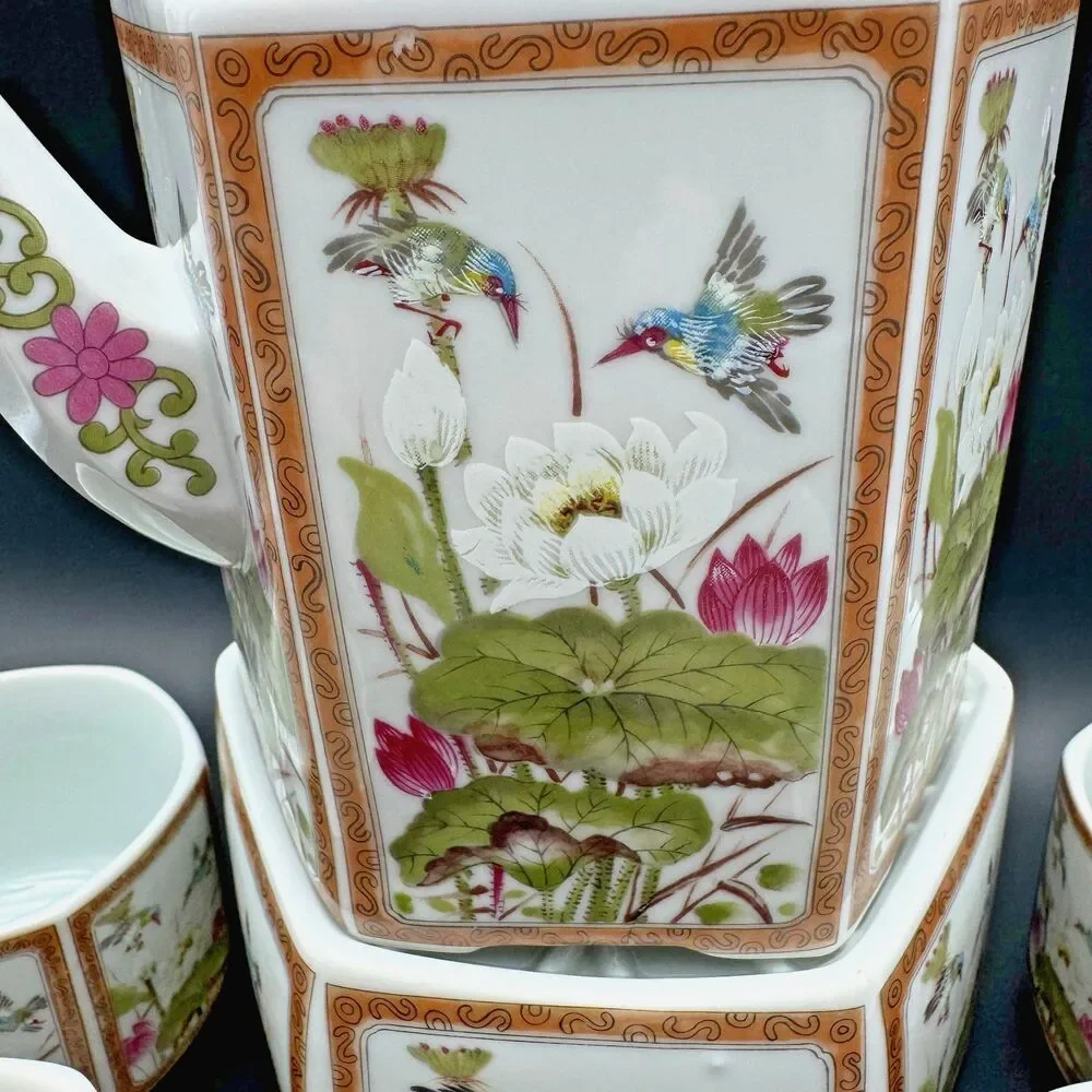 Toyo Ming Lotus Japan Porcelain Tea Warmer Set Teapot 6 Cups Hexagon Chinoiserie